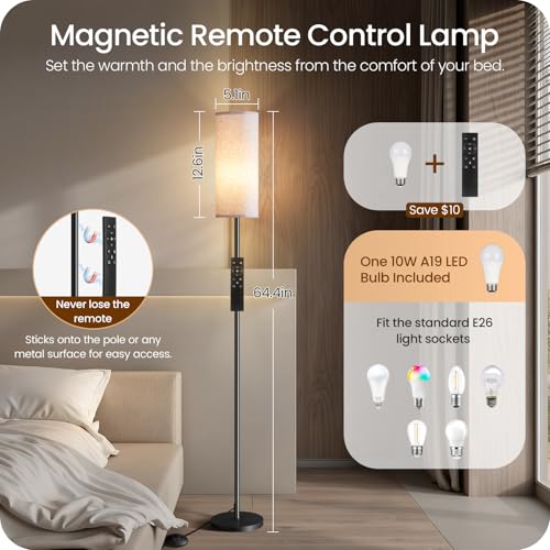 Image of 2 Pack Dimmable Floor Lamps for Living Room with 2 Remotes and Foot Switch, Corner Floor Lamp, Standing Tall Lamp, 10W 900LM LED Bulb Included, 3000K-6500K, Linen Shade, FCC Listed W06LDP205W1