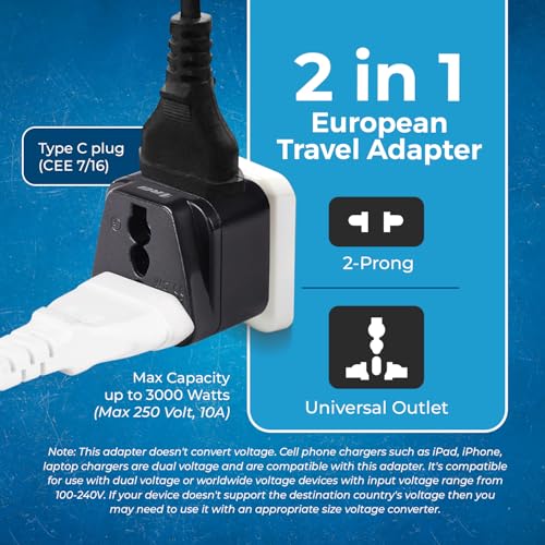 Image of OREI India to Europe Adapter, Russia, Turkey & More - Type C - 2 in 1 - Perfect for Laptop, Camera Charger and More- CE, RoHS - Black - 5 Years Warranty