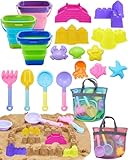 Unistylar Beach Toys, Sand Beach Toys for Toddlers with 3 Collapsible Foldable Sand Bucket and Shovels, Mesh Bag, Castle Animal Molds Sets, Travel Sandbox for Kids Age 3-10