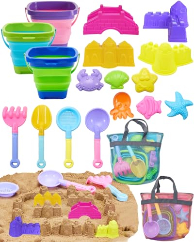 Unistylar Beach Toys, Sand Beach Toys for Toddlers with 3 Collapsible Foldable Sand Bucket and Shovels, Mesh Bag, Castle Animal Molds Sets, Travel Sandbox for Kids Age 3-10