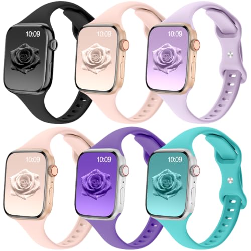 Image of 6 Pack Thin Slim Soft Silicone Bands Compatible with Apple Watch Women Men | 38mm 40mm 41mm 42mm 44mm 45mm 46mm 49mm, Waterproof Lightweight Strap for iWatch Series 11 /10 /9 /8 /7 /6 /5 /4 /3 /2 /1 SE Ultra