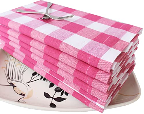 Linen Clubs 12Pack 100% Cotton Yarn Dyed Gingham Check Dinner Napkins 18X18Inch,Clambake Beach Party Nautical Dinner Napkins As Well, Color Pink/White #TOP2