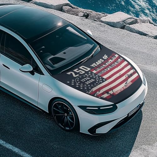 Image of 250 Years American Flag Print Car Hood Cover, Stretchable Breathable Automotive Hood Covers Protective Elastic Fabrics Car Hood Decoration and Protection Fit Truck Sedan SUV