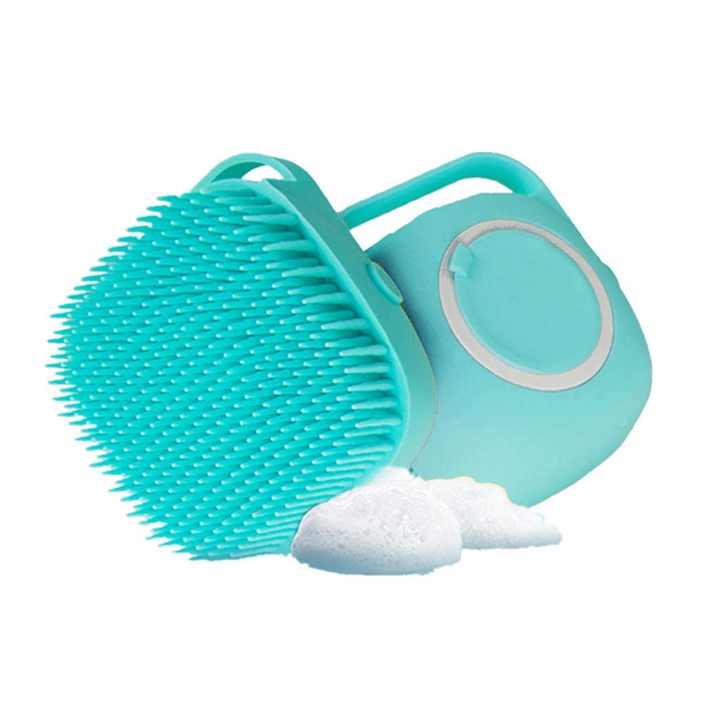 Pet Brush and Shampoo Dispensing Tool for Dogs and Cats - 2-in-1 Deshedding Tool with Soft Silicone Bristles - Cute Animal Design, Massager and Exfoliating Hair Wash Brush (Baby Blue)