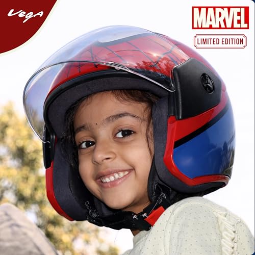 Image of Vega Buds Junior Marvel Spiderman Graphic Open Face Helmet for Kids - Lightweight Design, Superior Comfort & Safety, Stylish Red Blue - XS