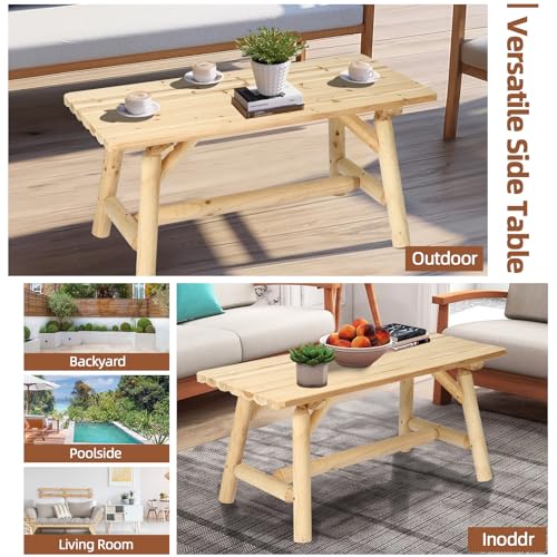 Homediary Wooden Adirondack Log Side Table, Cedar Wood Outdoor Rectangular End Table W/Slatted Tabletop thumb #2