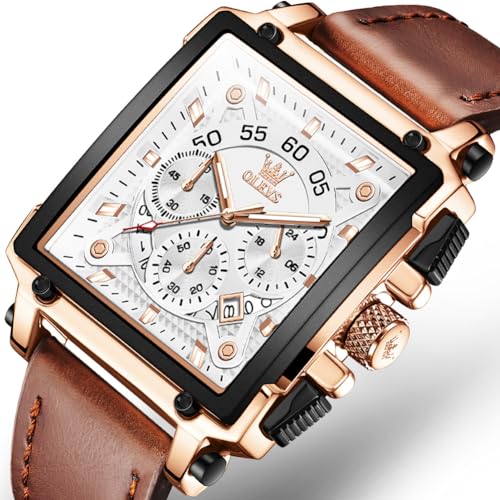 Image of OLEVS Watches for Men Quartz Chronograph Leather Fashion Dress Watch Date Waterproof Luminous Casual Square Business Wrist Watches