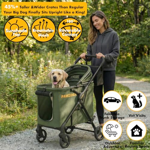 Image of PAWZIDEA Dog Stroller for Large Dogs Up to 80 lbs, No-Zip 180 Reversible Canopy, One-Hand Foldable Pet Stroller for 2 Medium Dogs, Heavy Duty & Low-Entry, All-Terrain Jogger Wheels, Storage Organizer