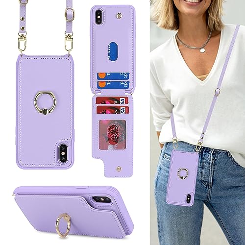 Image of for iPhone X /XS Case with Card Holder and Strap for Women,Crossbody Lanyard,Kickstand Ring Stand,Snap Clasp,Phone Wallet Cases 5.8 inch(Purple)