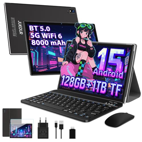 Android 15 10 Pulgadas Tablet, 22GB RAM + 128GB ROM (TF 1TB), 5G WiFi 6, 8000mAh, IPS Pantalla FHD, Octa-Core, Widevine L1, Face ID, GPS, BT 5.0, 8 MP+5 MP, Tableta táctil con Teclado y Ratón - Negro