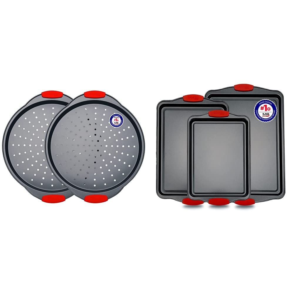 Pizza Tray – 2 Round with Silicone Handles & Baking Pan Set – 3 Piece Cookie Sheet – Deluxe Black Non-Stick Carbon Steel – Silicone Handles – Commercial Grade Restaurant Quality