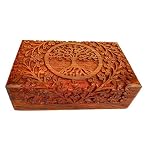 Ajuny Handcarved Wooden Decorative Treasure Chest Box 8 x 5 Inch Brown Tree Of Life Pattern - Multipurpose Use As Jewelry Storage, Watch Box, Great for Gifts