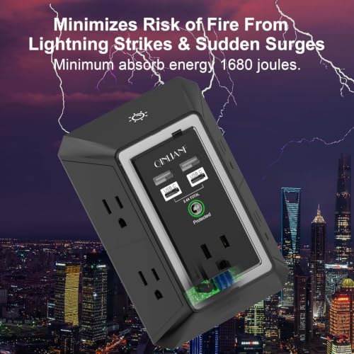 Image of Surge Protector, QINLIANF 5 Outlet Extender with 4 USB Ports(2USB-C) | 1680 Joules, 3-Sided Power Strip with Night Light, Multi Plug Wall Outlet Adapter Spaced for Home Travel Office, Black