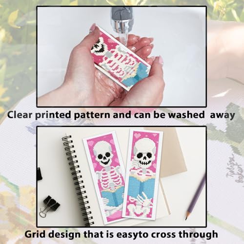 Image of ACRNIGHEET 6PCS Cross Stitch Kits Stamped Cross Stitch Bookmark Kit for Beginner Adults Skull Reading Embroidery Bookmark Kit Needlepoint Kits with Instructions Book Lovers Craft Gift 8.5''x3'' 11CT