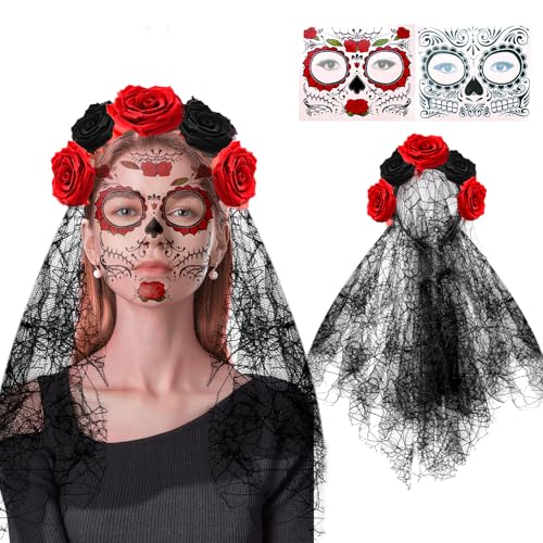 Abnaok Diadema con rosas y 2 tatuajes temporales de Halloween, diadema de flores, disfraz para mujer, día de los muertos, rosa muerta, diadema con flores y velo