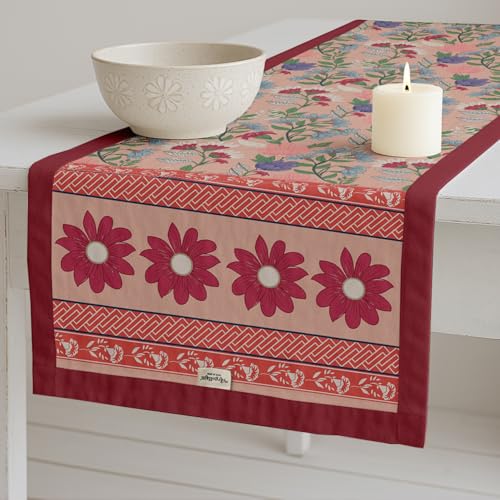 Vargottam Double Layer Cotton Table Runner with Border - Floral Print, Machine Washable - Dining Table Décor for Farmhouse & Modern Homes