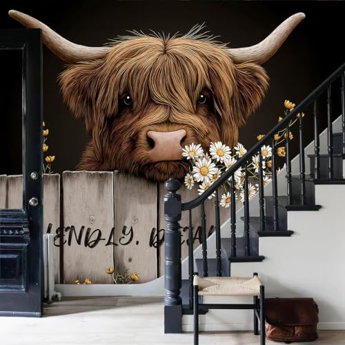 Papier peint panoramique rustique pour salon cocooning motif Marguerite des Highlands 3D