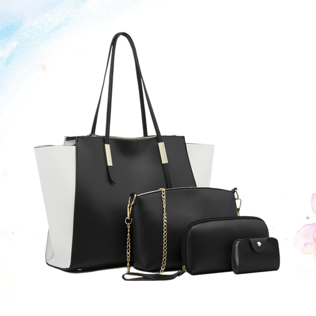 iplusmile 4 Pezzi Set Borsa Donna Raffinata Grande Capacità in Pu Nero Tre