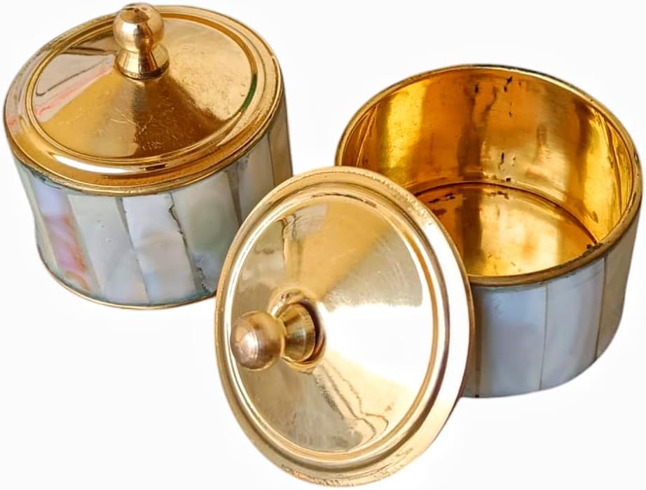 Brass Sindoor Box with Pearl Work, Round Shape, Gold, 5x5x5 cm, 50g