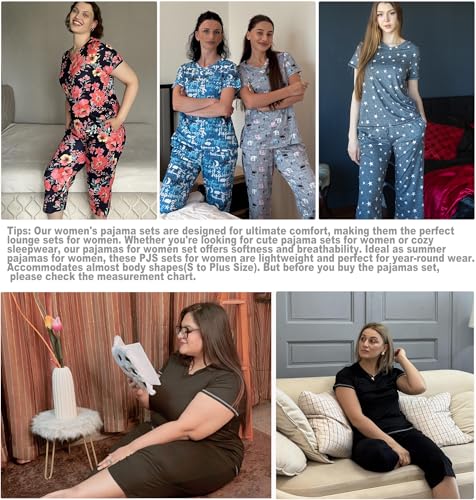 Image of Ekouaer 2 Pack Women's Capri Pajama Sets Short Sleeve Two-Piece Pjs V Neck Tops & Pants Printed Lounge Sets S-3XL