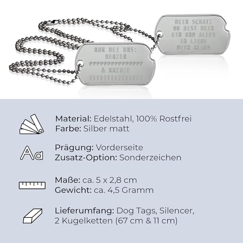 2 Stück personalisierte Erkennungsmarken | Dog Tag Kette mit Prägung | inklusive 2 Ketten & 2 Silencer im Set | diverse Texte und Motive möglich | Rambo | Militär Ausrüstung (World War 2)
