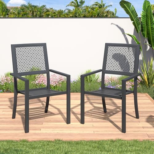 AECOJOY Outdoor Metal Dining Chairs, 2 Pieces Outdoor Patio Dining Chair with Armrest, Stackable Arm Chairs with Heavy-Duty E-Coating Metal Frame for Balcony, Garden, Set of 2