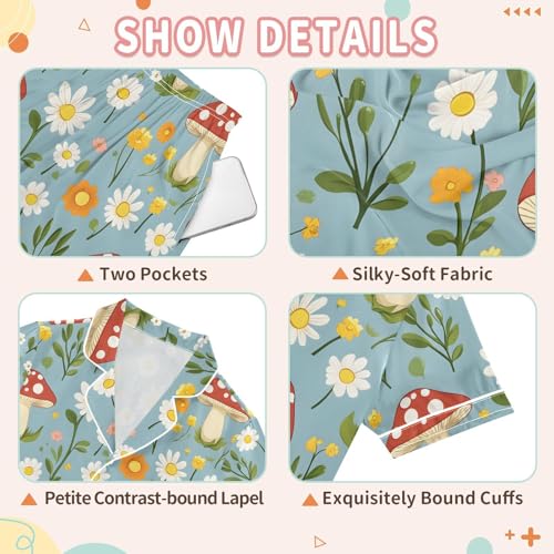 Mushroom Daisy Print Pajamas Set Summer Button Down Sleepwear Pjs Sets Comfy Loungewear3
