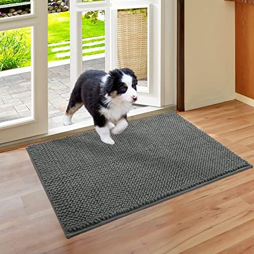 HOMEIDEAS Absorbent Chenille Door Mat Indoor for Entryway, Low-Profile Rubber Backing, Muddy Dog Paws Washable Welcome Front Doormats (20