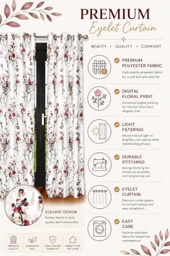 Image of Floral Printed Door Curtains for Living Room & Bedroom, Premium Polyester Eyelet Door Parde, Light Filtering & Privacy Decorative Curtains for Home, 8 Feet Long, Maroon & White, Set of 3