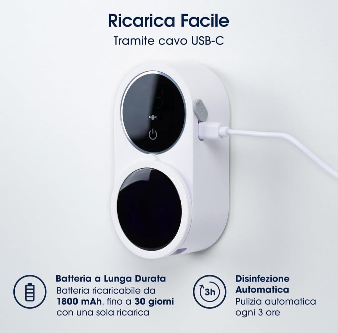Porta Spazzolino da Parete con Sterilizzatore UV, Bianco, Ricarica USB-C, Disinfezione Automatica ogni 3 Ore