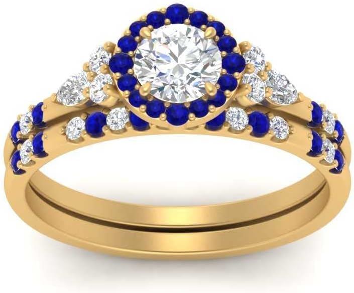 Choose Your Gemstone Halo Edwardian Wedding Ring and Band Yellow Gold Plated Round Shape Wedding Ring Sets Matching Jewelry Wedding Jewelry Easy to Wear Gifts US Size 4 to 12
