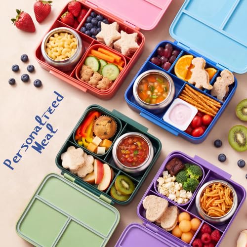 Bento Lunch Box for Kids with 8oz Soup Thermo Leak-Proof Lunch Food Containers with Snack Sauce Container for Kid Girls Boys to School, Green Bag — view 2
