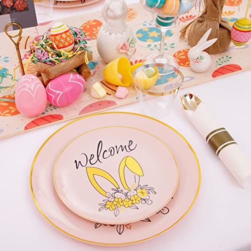 Dayammi 210Pcs Easter Pink Gold Plastic Plates, Party Plates With Bunny Egg Design Include 30 Dinner Plates,30 Dessert Plates,90 Gold Plastic Cutlery,30 Plastic Cups For Spring Holiday Easter Party #TOP5