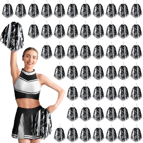 Halloscume 60 Pcs Cheerleading Pom Poms Metallic Foil Bulk, Black, White