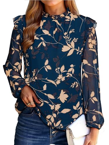 Simplee Womens Floral Boho Tops Trendy Ruffle Long Sleeve Shirts Frill Mockneck Cute Blouses Dressy Casual Fall Leaf Navy, M
