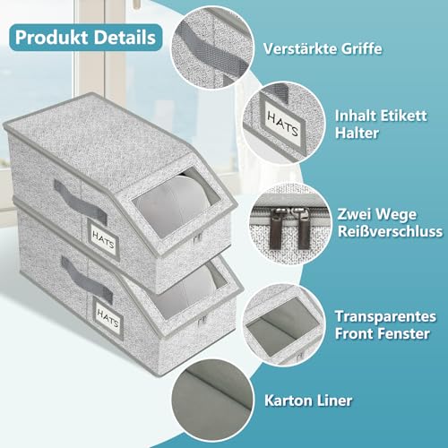 YHANEC 2er-Set Hut aufbewahrungsbox für Baseballkappen&Hüte, Klare Hut-Organizer mit klarem Fenster,Stapelbare Kappenhalter mit doppeltem Reißverschluss für Schrank und Regal