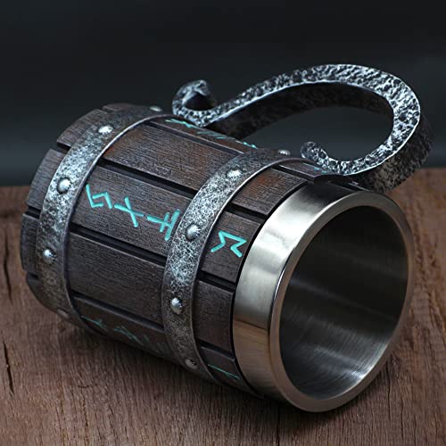 Nordic Viking Rune Mug Beer Tankard Cup For Men Viking Gift Norse Decor Stainless Steel Wooden Viking Coffee Cool Mug Viking Gift For Men Beer Cup Stein #TOP2
