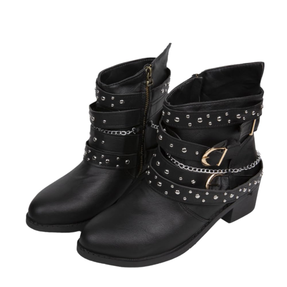 Womens leather low-heeled gothic short boots fashionable and retro side-zip chain-studded punk combat boots