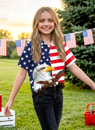 Image of BesserBay Unisex Kids 4th of July Shirt Girls Boys Patriotic Button Down Shirt American Flag Top 4-14 Years