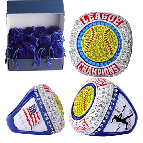 TOPSPORTSJEWELRY 12 pcs Pack League Champions Finalist Softball Championship Awards Trophy Ring Softball Team Awards Softball Players Awards Size 9.5 (White Blue Champions)