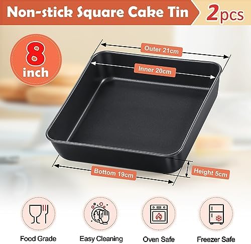 Onader 8 Inch Square Cake Tin Set of 2, Stainless Steel Oven Baking Tin Non-Stick Cake Mould, Perfect for Cakes Brownies and Roasting, Healthy & Sturdy, Rust Resistant & Easy Clean - 20cm
