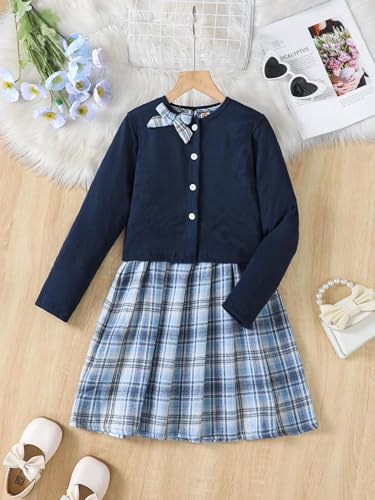 Image of PureChapter Girls' Preppy Clothes Plaid Vest Dress Cardigan Jacket Belt Cute Kids Clothes 7-14Y Green