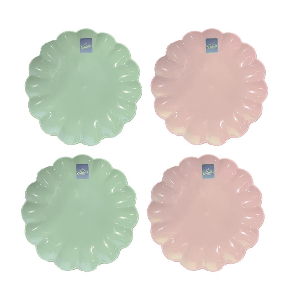 Yöl 4 Plates Set Of 4 Floral Edged Plastic Plates Summer Dining Outdoor Picnic Bbq Blush Pink Sage Green Trendy Tableware