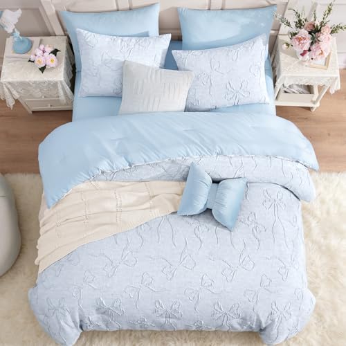 Image of Andency Full Size Cute Comforter Set, 3 Pieces Light Blue Boho Tufted Bedding Set, 3D Puffy Bow Comforters for All Seasons (1 Comforter, 2 Pillow Shams), 79 inchx90 inch, Light Blue