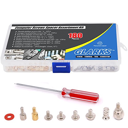 Glarks 180-Pieces Phillips Head Computer Pc Spacer Screws Assortment Kit For Hard Drive Computer Case Motherboard Fan Power Graphics (Extra: Phillips Screwdriver) #TOP4