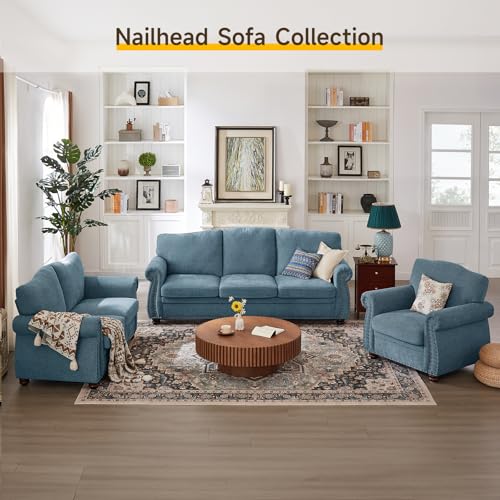 Image of ONBRILL Nailhead Sofa, 66 Inch Small Couch with Rolled Arms, Chenille Fabric Loveseat w /Springs Seat Cushion, Vintage Curved Back, Turned Wood Legs, Comfy Couch for Living Room, Farmhouse, Teal