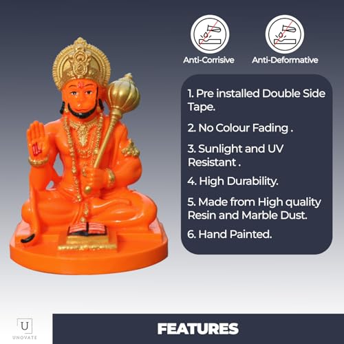 Image of UNOVATE Hanuman Idol for Car Dashboard, Home, Office Desk - Hanuman Murti for for Pooja, Temple Showpiece, Decoration, Festivals and Gifting. (9cm, Orange Color)