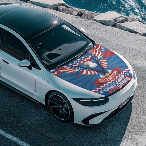 Image of Bald Eagle Car Hood Covers for Automobiles, 250th American Flag Elastic Fabric for Car Hood Decoration and Protection, USA Anniversary Auto Accessories
