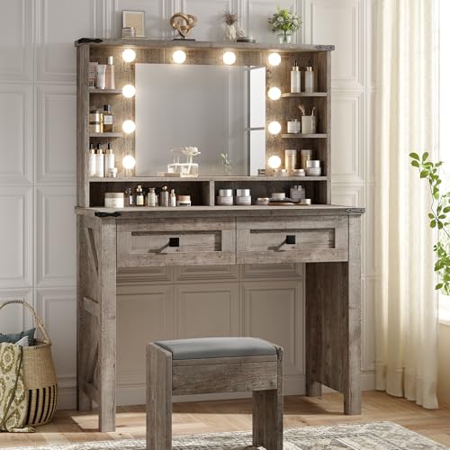 EnHomee Small Vanity Desk with Mirror and Lights Makeup Vanity with Storage Drawer Wooden Vanity Desk with Charging Staion for Womens Bedroom Small Space Gray Oak