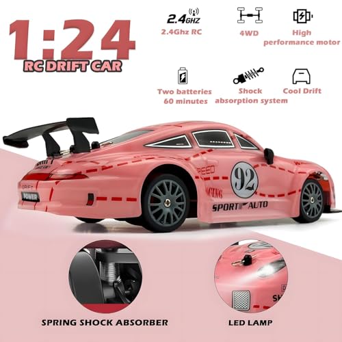 Image of Remote Control Drift Car for Kids and Adults, High Speed 4WD RC Racing Car with LED Lights, Rechargeable Battery and 2.4GHz Controller for Indoor Outdoor Play (Pink)